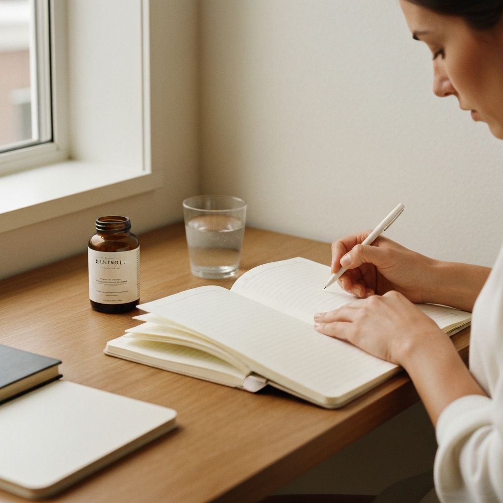 Open notebook and supplement bottle on a minimal wooden desk