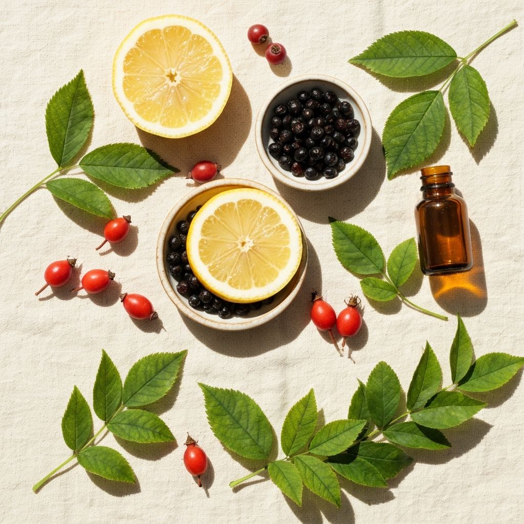 Fresh botanicals, elderberries and rosehips on cream linen