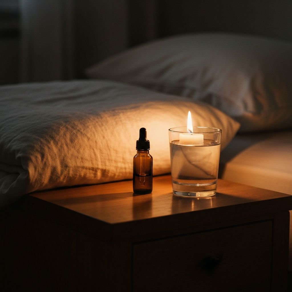 Amber dropper bottle on a wooden bedside table in soft evening light