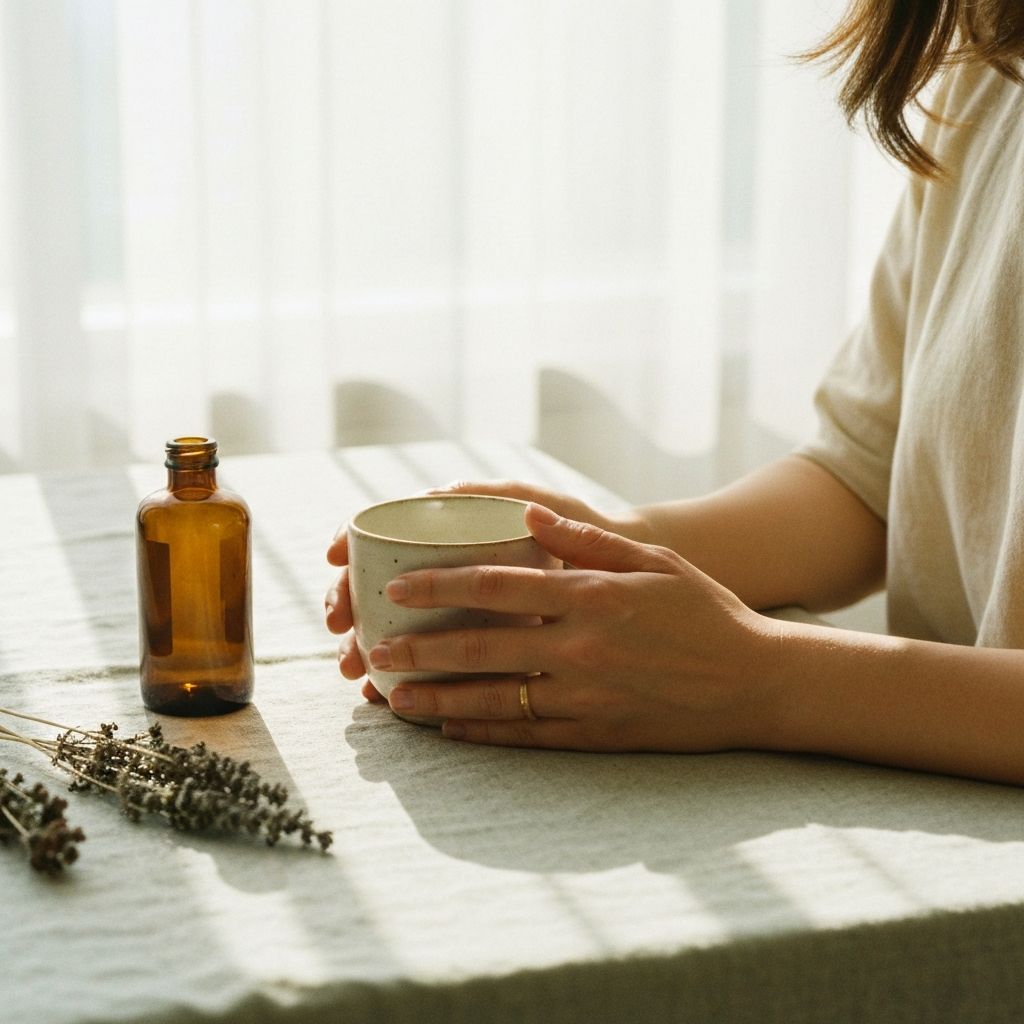 Hands cradling a warm ceramic mug with dried herbs in morning light