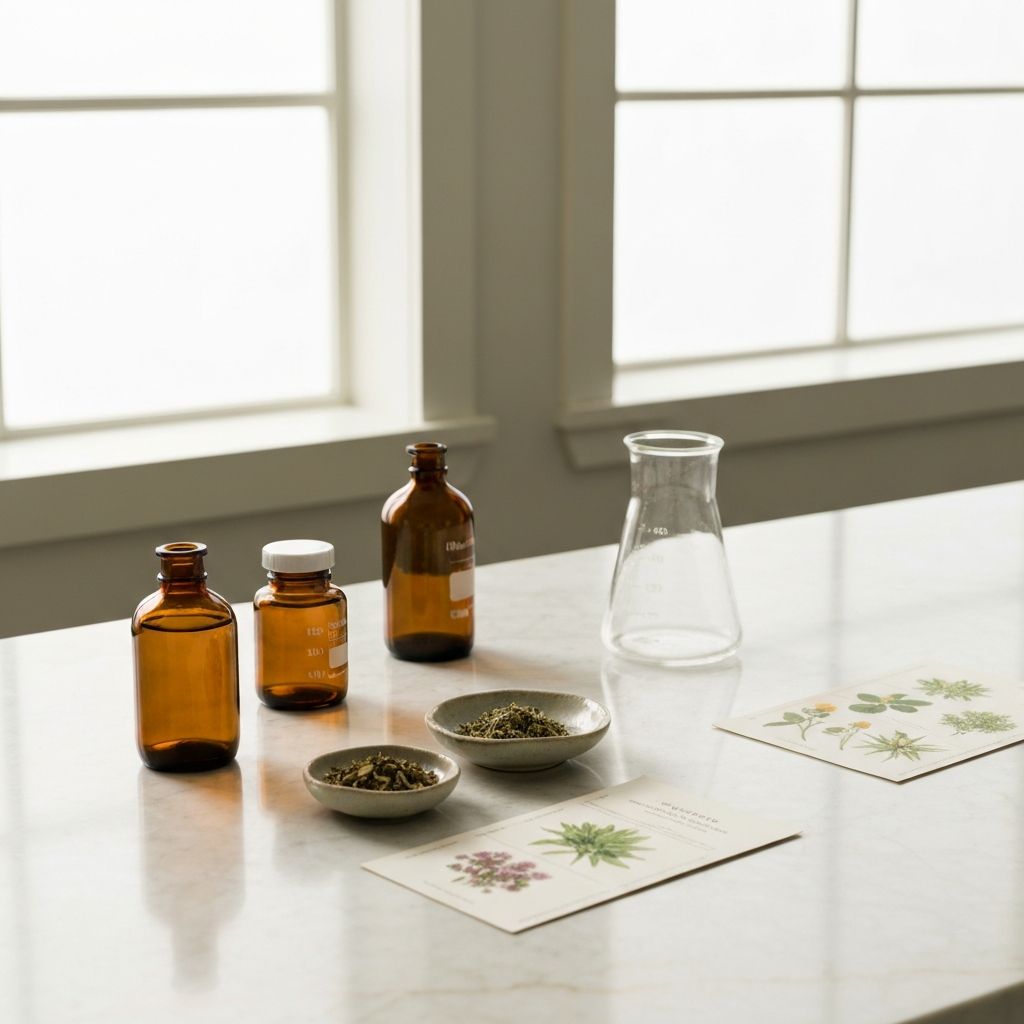 Minimal botanical laboratory workspace with amber bottles and dried herbs