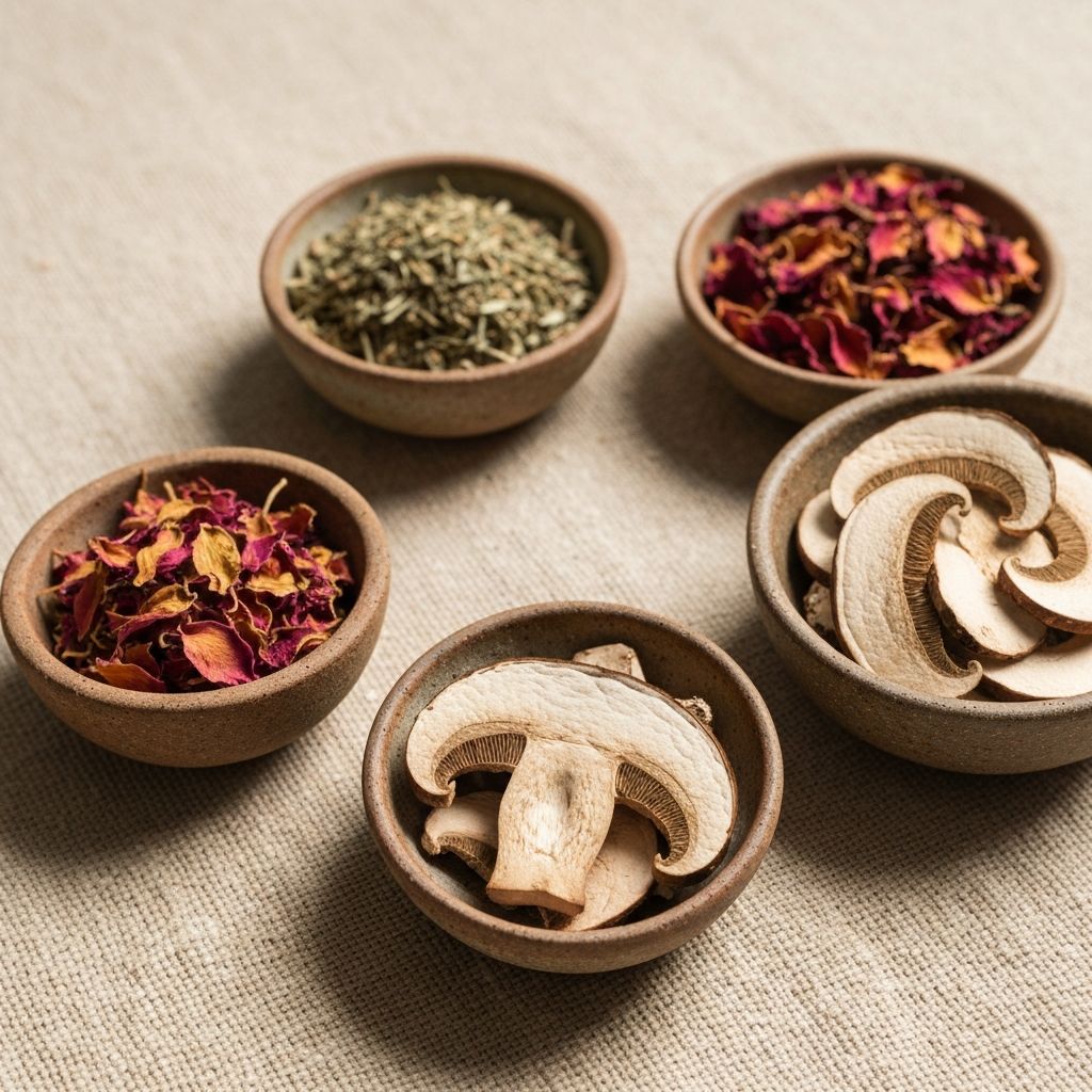Macro close-up of dried botanicals and adaptogens in ceramic bowls