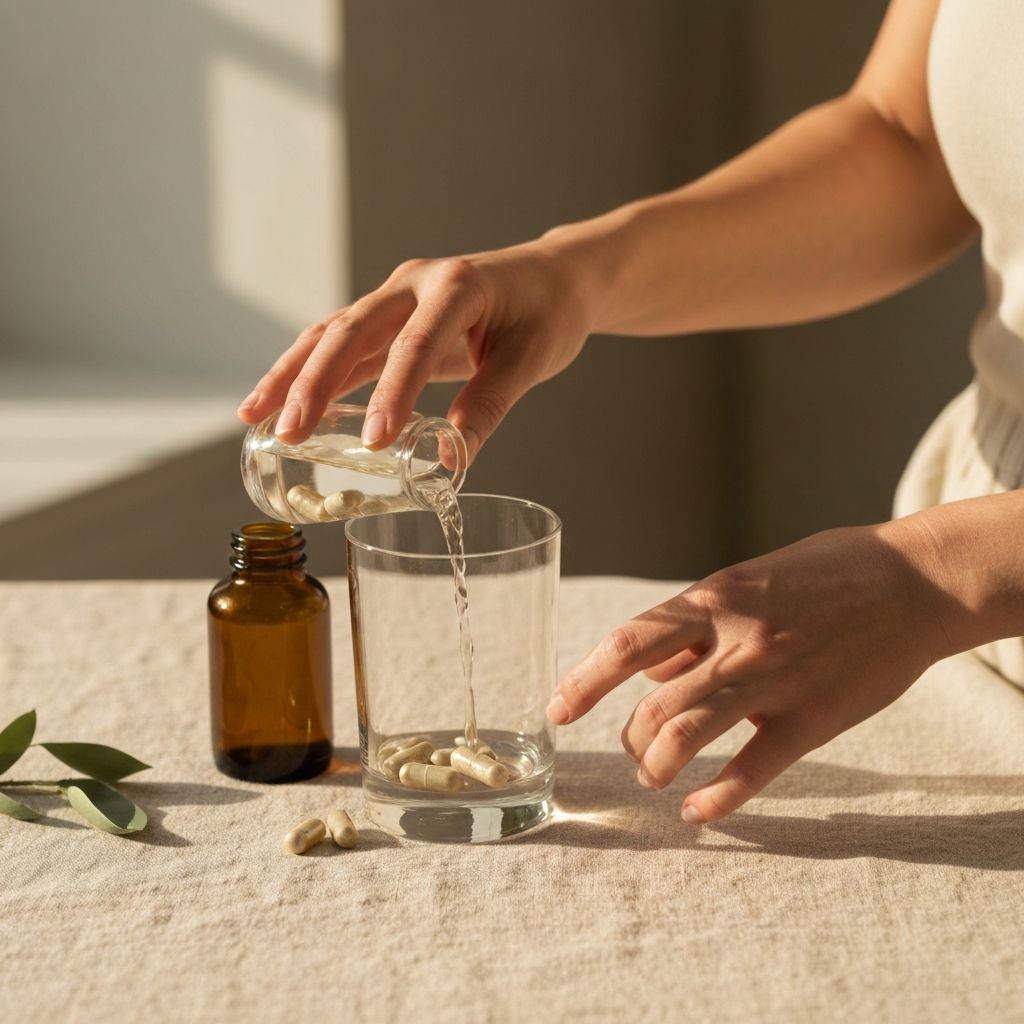 Woman's hands pouring water with supplements in a serene morning ritual