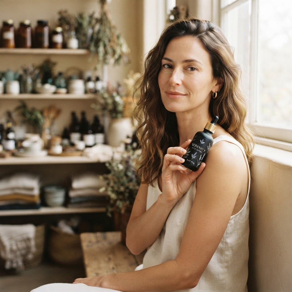 Woman holding the Sattva Serenity Sleep Ritual bottle in warm botanical light