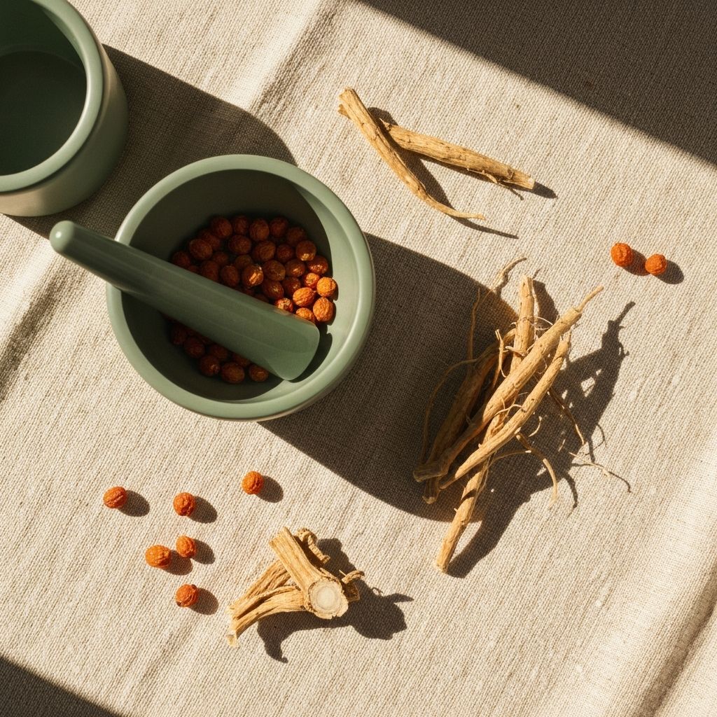 Dried ashwagandha root and berries on cream linen