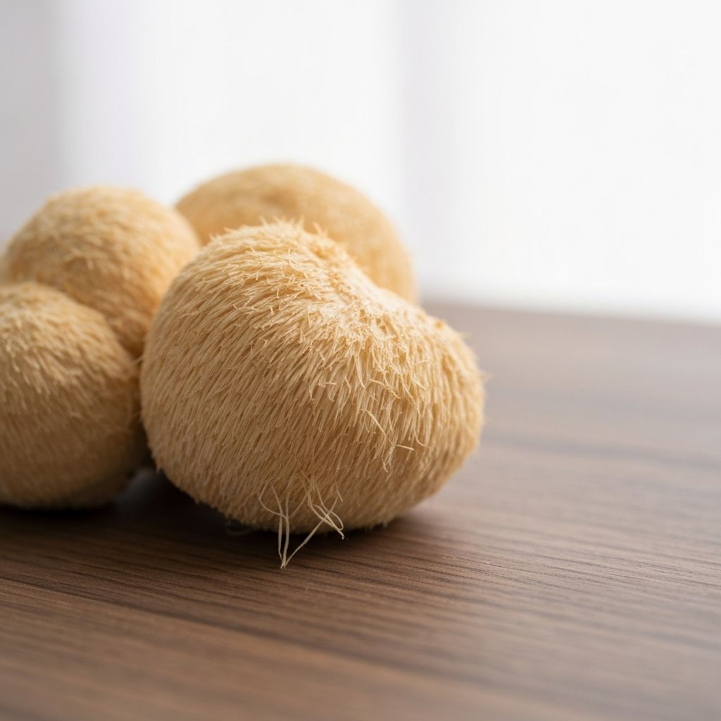Fresh lion's mane mushroom on ivory linen