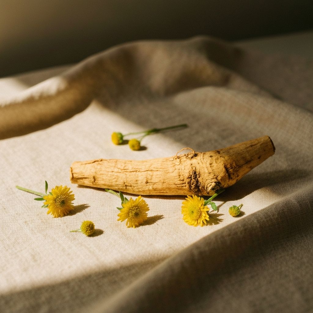 Dried rhodiola rosea root and yellow flowers on linen