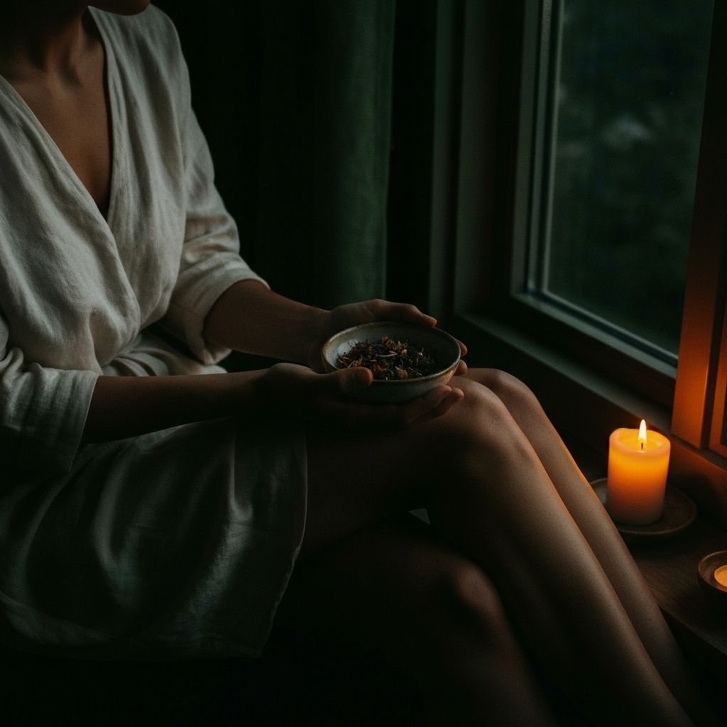 Woman in warm candlelight cradling a bowl of dried botanicals