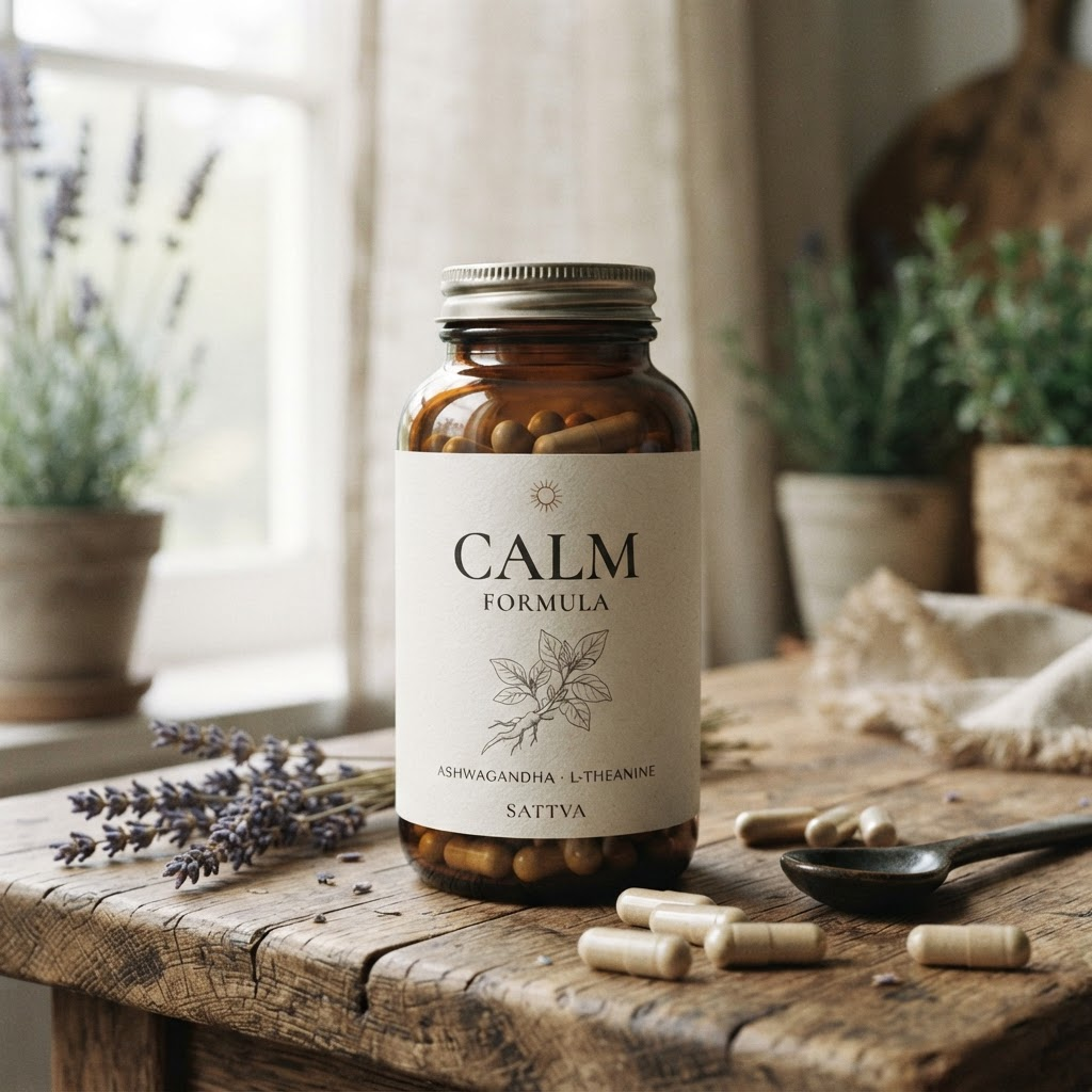 Calm Formula — amber glass bottle on sage stone