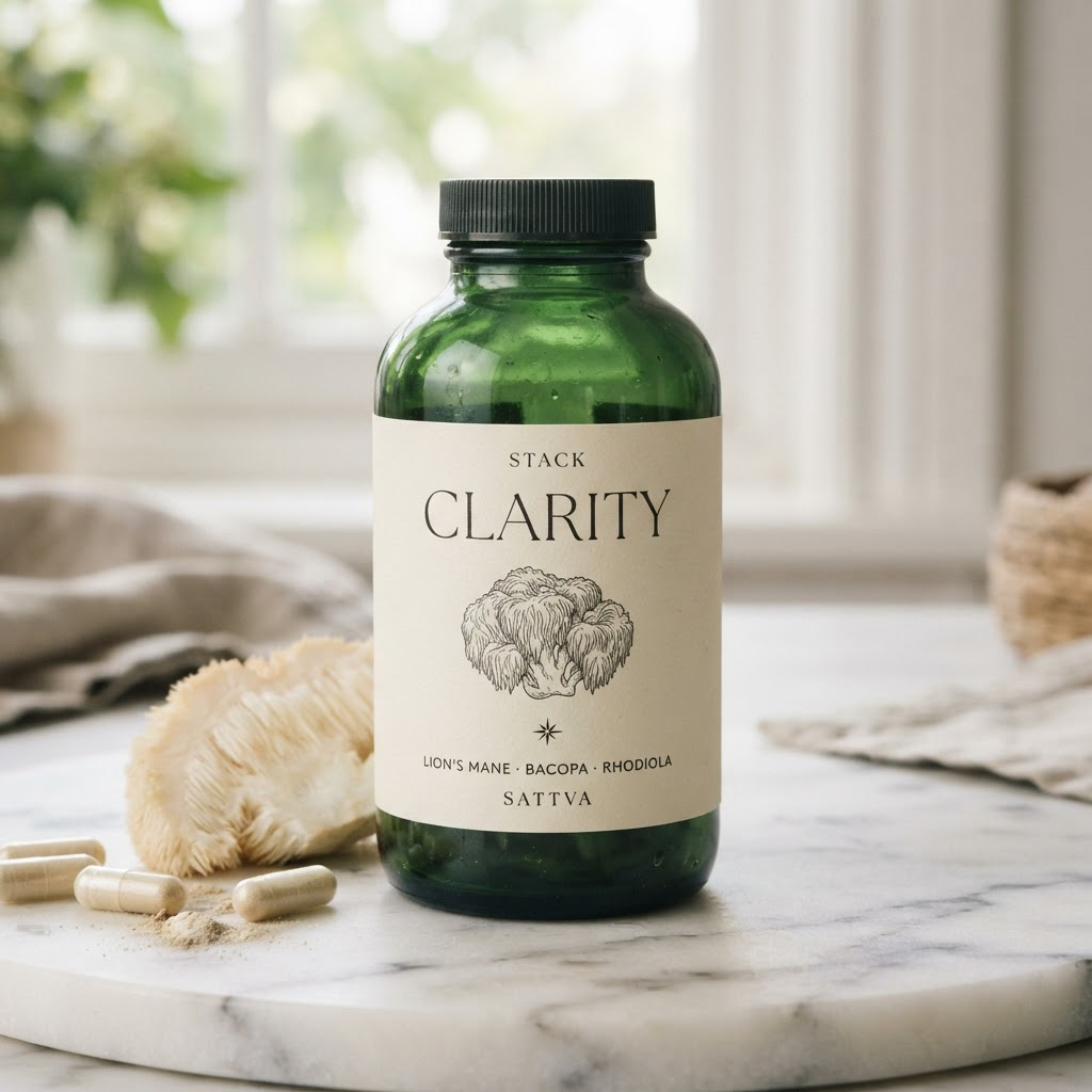 Clarity Stack — dark green glass bottle on marble