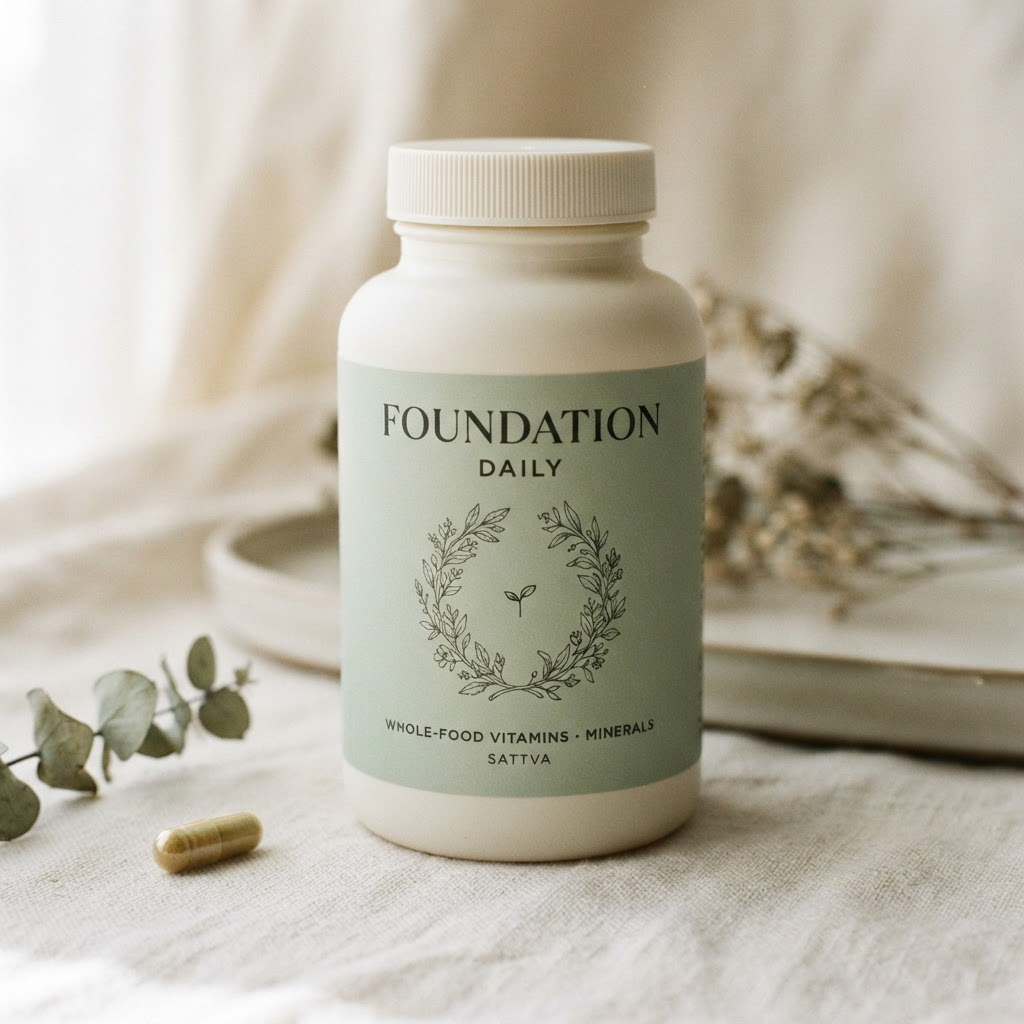 Foundation Daily — ivory glass bottle with green label