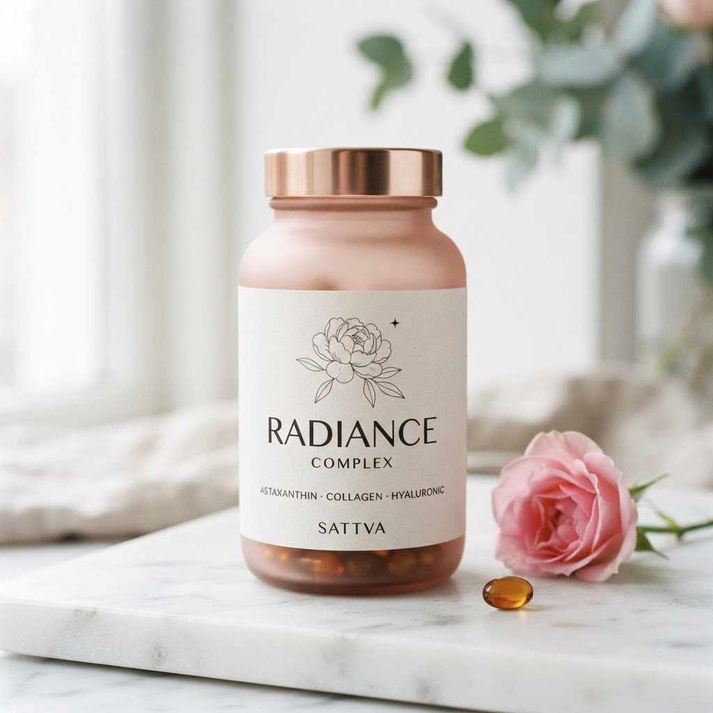 Radiance Complex — blush glass bottle on marble