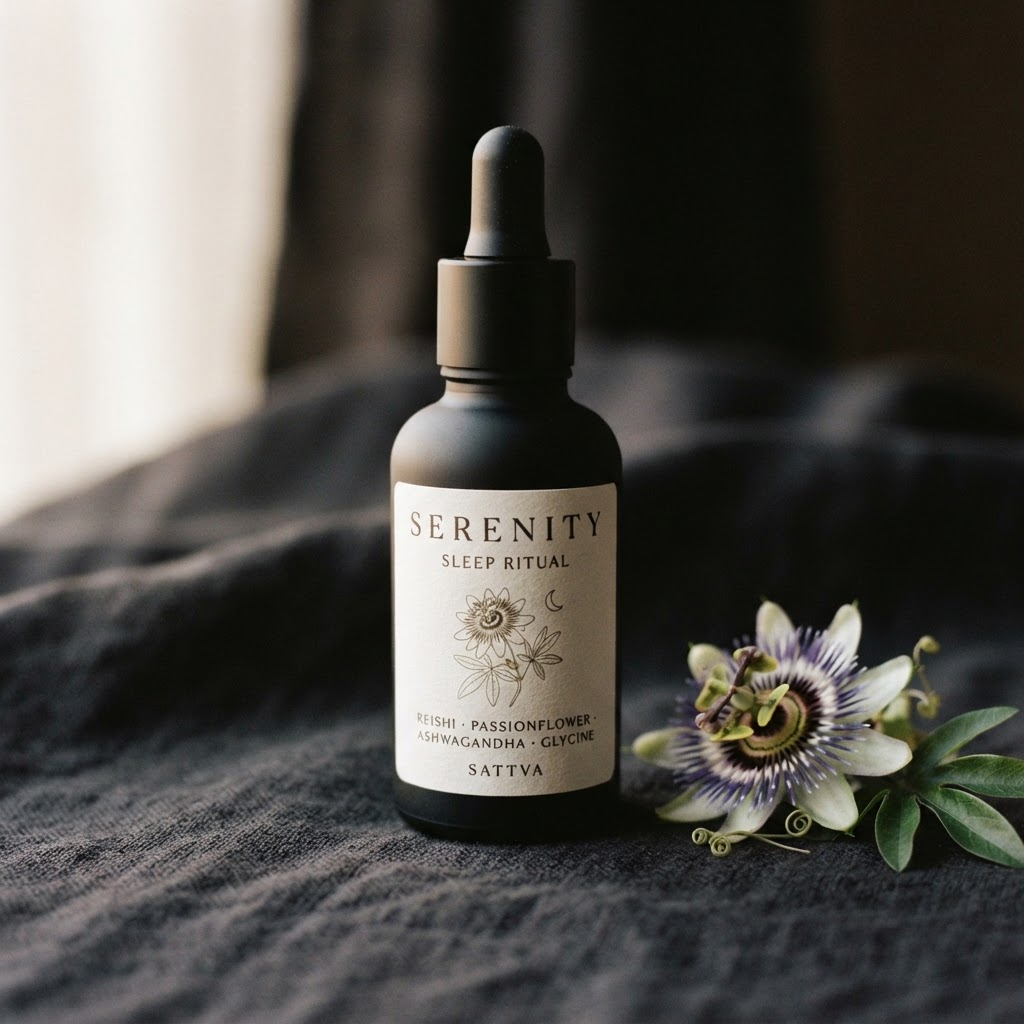 Sleep Ritual — charcoal glass dropper bottle on dark linen