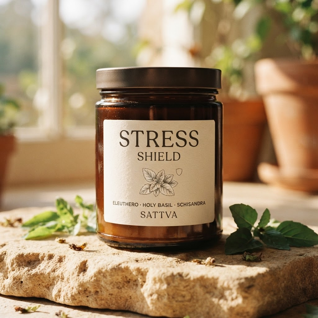Stress Shield — terracotta glass jar on stone surface